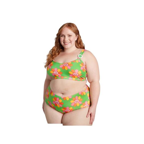 ModClothxMarisol Muro Green Petals Cat Faces Sara High-Waisted Bikini Bottom SM - Picture 9 of 10